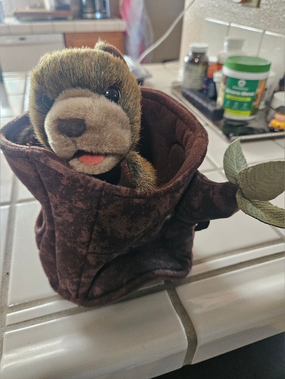 Folkmantis Bear In A Tree Stump Log Plush Puppet